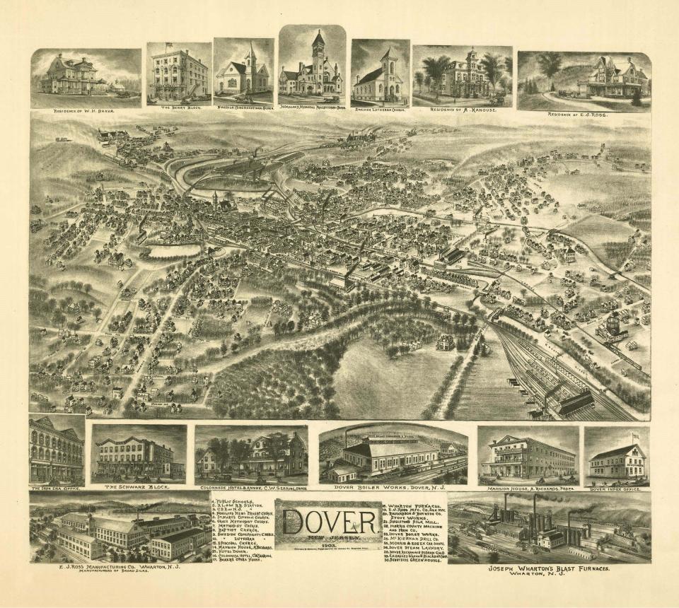 A 1903 map by Fowler & Bailey provides a bird's-eye view of Dover, New Jersey and close-ups of its landmarks.