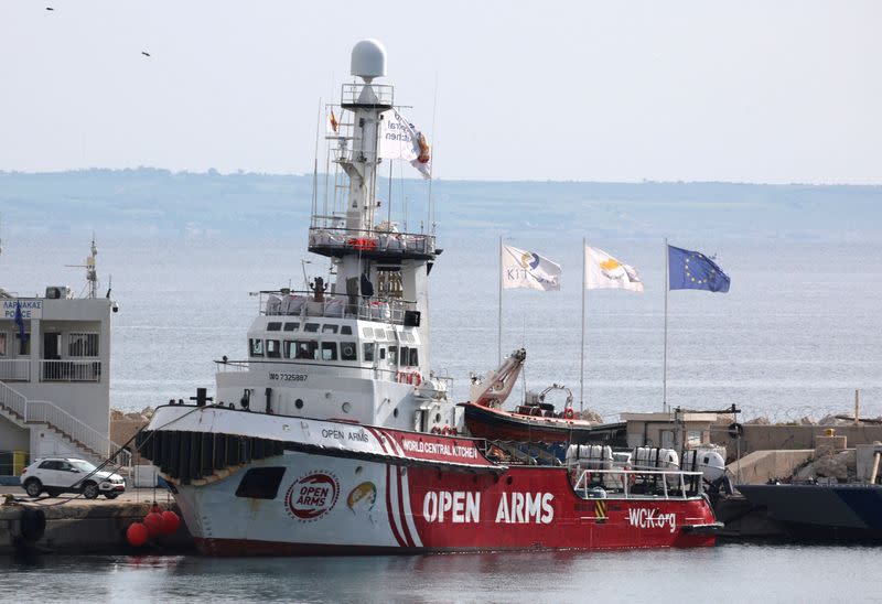 A rescue vessel of the Spanish NGO Open Arms is seen at the port of Larnaca