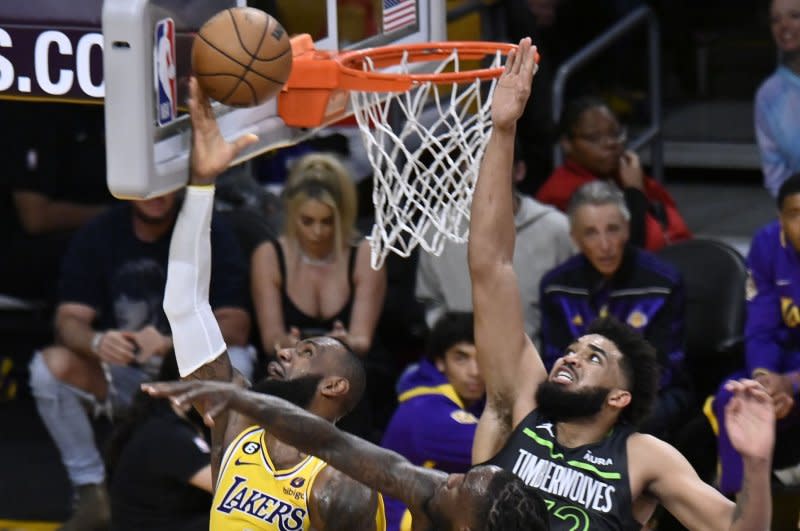 Los Angeles Lakers forward LeBron James (6) scores versus the Minnesota Timberwolves in 2023. James set another scoring milestone Saturday night, reaching 40,000 points in his storied career. Photo by Jim Ruymen/UPI
