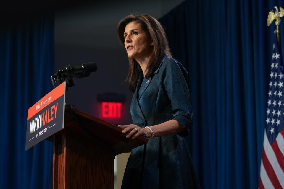 Republican presidential candidate and former UN Ambassador Nikki Haley delivers a speech to press and supporters in Greenville, S.C., on Feb. 20, 2024. Haley said she would not be dropping out of the presidential race ahead of the South Carolina primary.