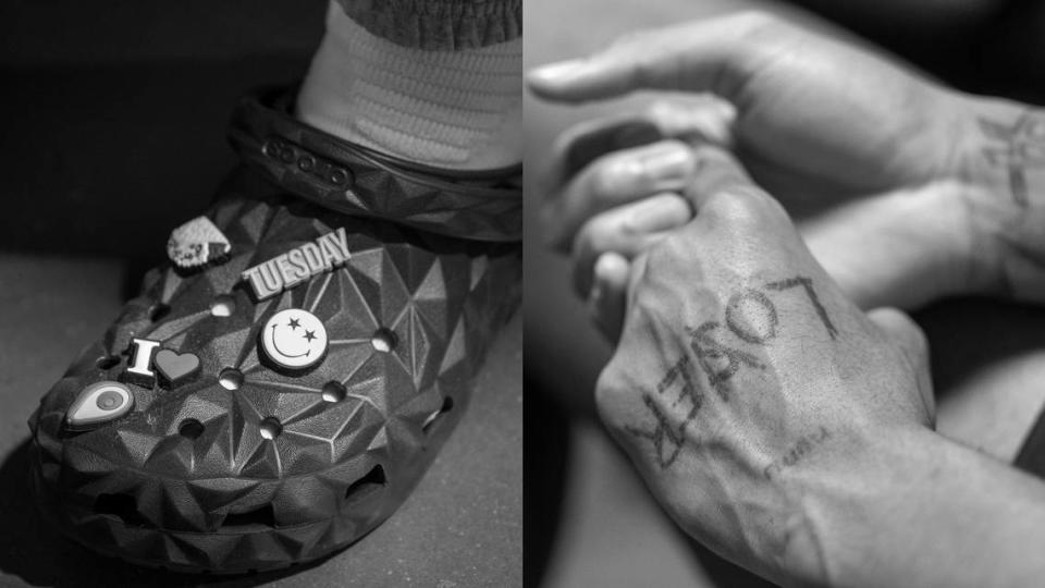 North Carolina’s R.J. Davis sports crocks with his own personal embellishments. Armando Bacot’s tattooed hands, during the Tar Heels media availability on Friday, March 22, 2024 at Spectrum Center in Charlotte, N.C. Robert Willett/rwillett@newsobserver.com