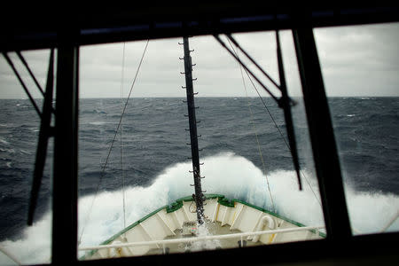 Waves break on the Greenpeace ship Arctic Sunrise at the Drake Passage as it navigates towards the Antarctica Peninsula, Antarctica, February 10, 2018. REUTERS/Alexandre Meneghini