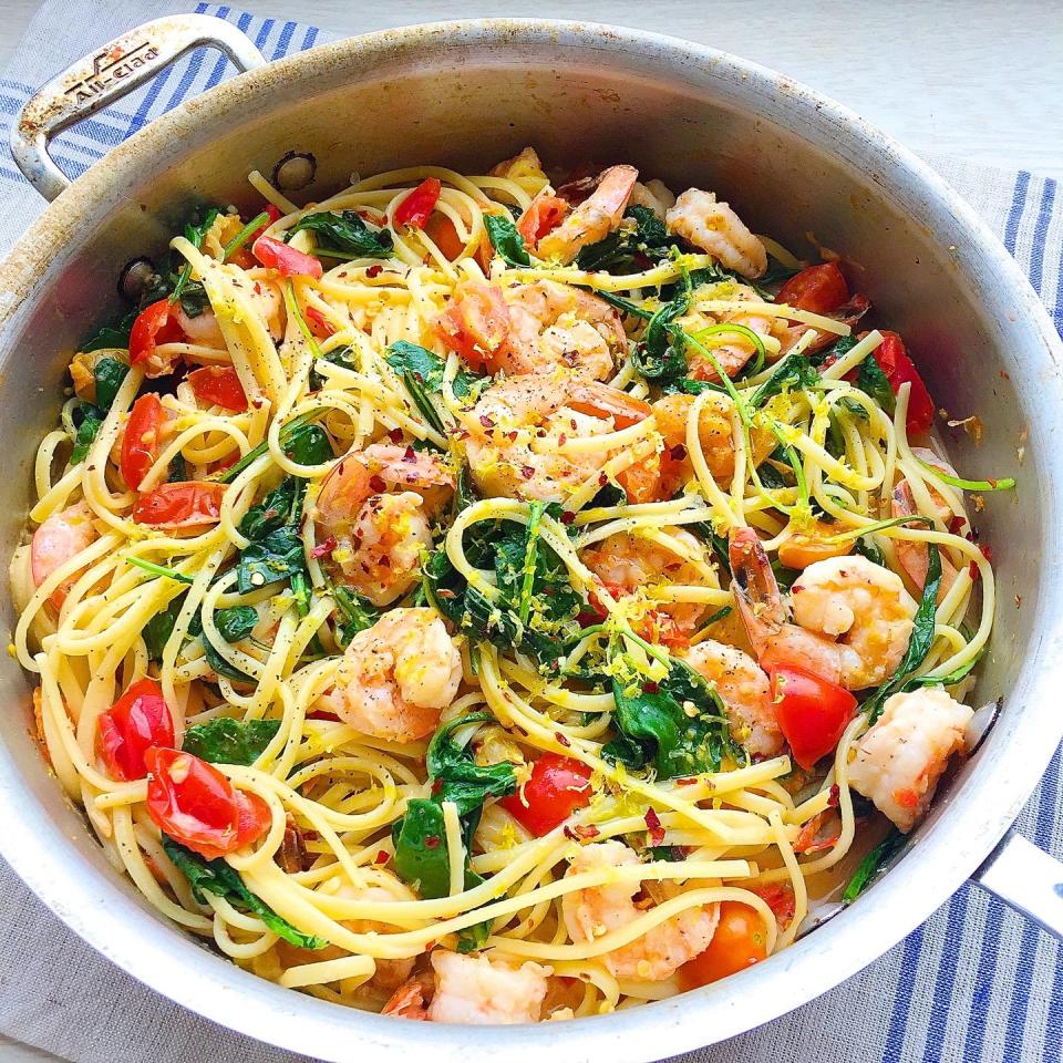 Creamy Shrimp Linguine with Tomatoes, Kale, and Lemon Zest