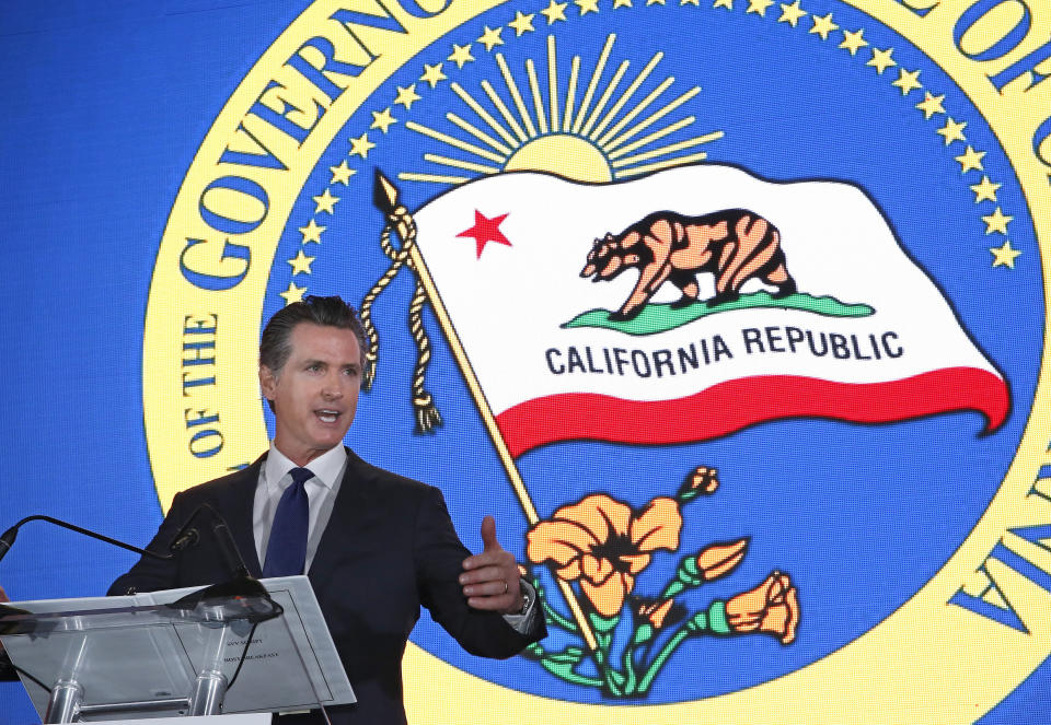 Gov. Gavin Newsom speaks at the California Chamber of Commerce's 94th Annual Sacramento Host Breakfast, Thursday, May 23, 2019, in Sacramento, Calif. Newsom said housing and inequality are two of the biggest issues facing state government and California businesses. (AP Photo/Rich Pedroncelli)