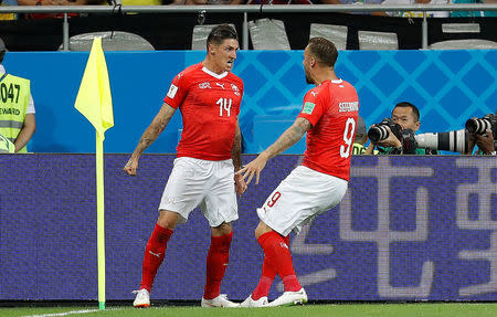 Soccer Football - World Cup - Group E - Brazil vs Switzerland - Rostov Arena, Rostov-on-Don, Russia - June 17, 2018 Switzerland's Steven Zuber celebrates scoring their first goal with Haris Seferovic REUTERS/Darren Staples