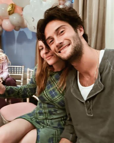 <p>Savannah Miller/Instagram</p> Sienna Miller's actor boyfriend, Oli Green, 26, attended her baby shower on Sunday