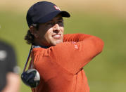 Adam Scott, of Australia, tees off on the 10th hole during the Genesis Invitational pro-am golf event at Riviera Country Club, Wednesday, Feb. 17, 2021, in the Pacific Palisades area of Los Angeles. (AP Photo/Ryan Kang)