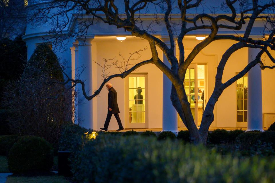 President Joe Biden leaves the White House to spend the weekend in Camp David, on February 12, 2021 in Washington DC.