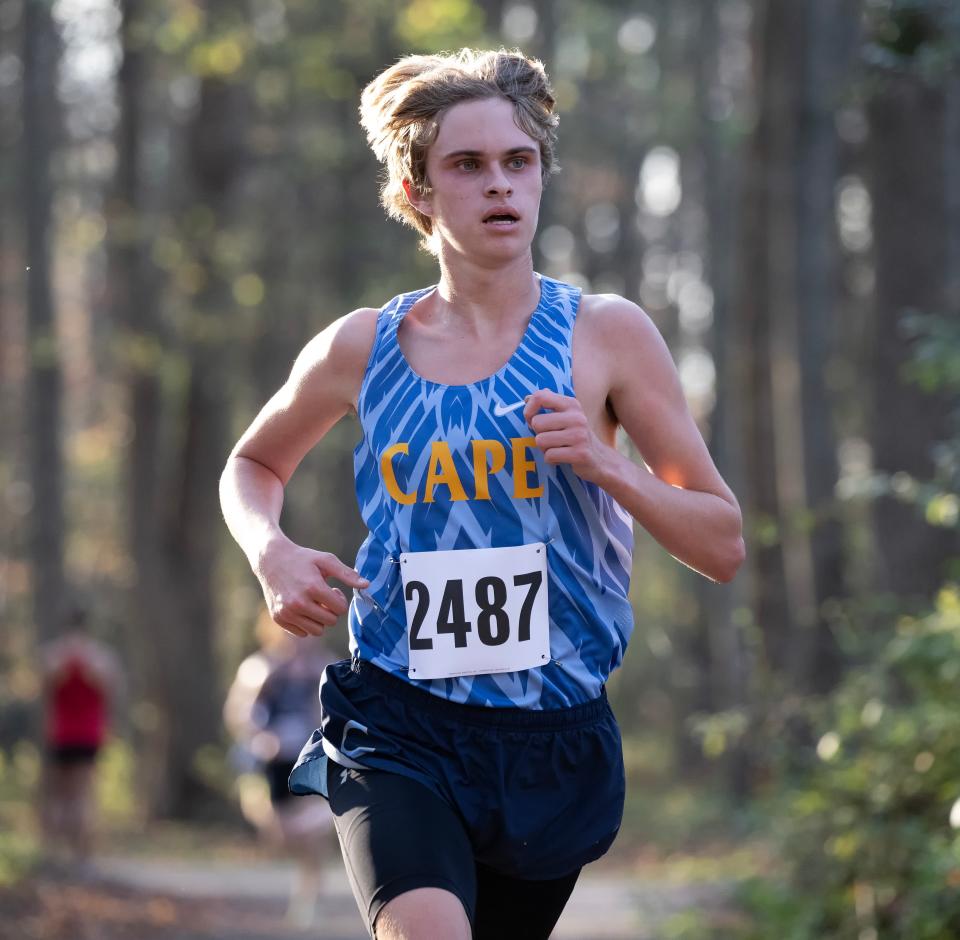 Eventual third-place finisher  Ryan Baker of Cape Henlopen runs in the DIAA 2022 Cross Country Boy’s Division I Championship at Killens Pond State Park in Felton, Del.