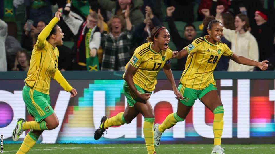Jamaica's Allyson Swaby celebrates scoring against Panama