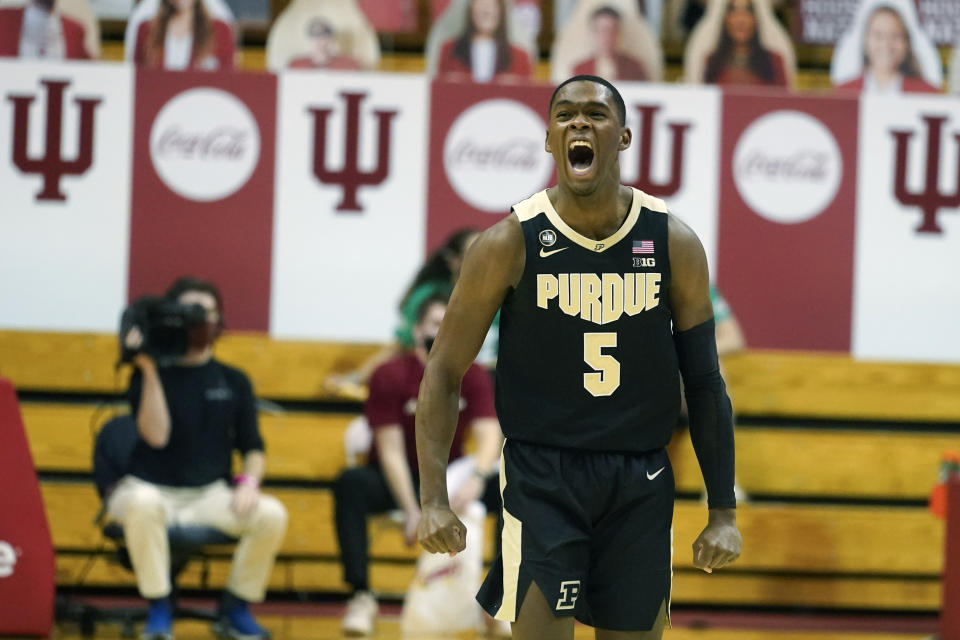 Purdue's Brandon Newman reacts after Purdue defeated Indiana, 81-69, in an NCAA college basketball game, Thursday, Jan. 14, 2021, in Bloomington Ind. (AP Photo/Darron Cummings)