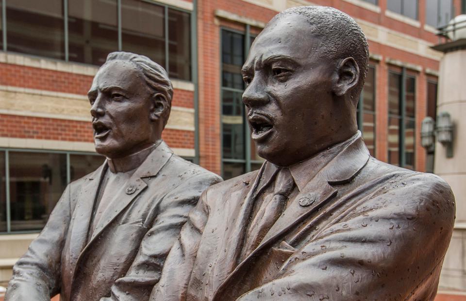 At The Art Leagues March 21 luncheon, sculptor Tuck Langland will talk about this sculpture of the Rev. Theodore M. Hesburgh and the Rev. Martin Luther King Jr. and other public sculptures he's made during his career.
