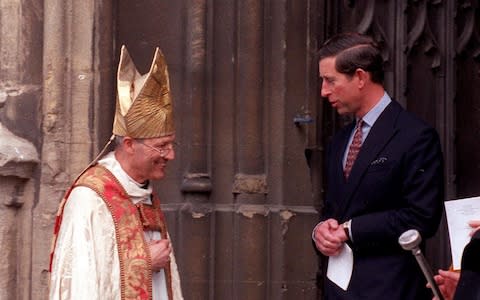 Peter Ball with Prince Charles in 1992. The former Bishop's victims, many of them teenage boys, described approaching him for spiritual guidance and being asked to strip naked, take cold showers while he watched, masturbate him, submit to beatings, or sleep naked with him. - Credit: SWNS.com&nbsp;/South West News Service&nbsp;