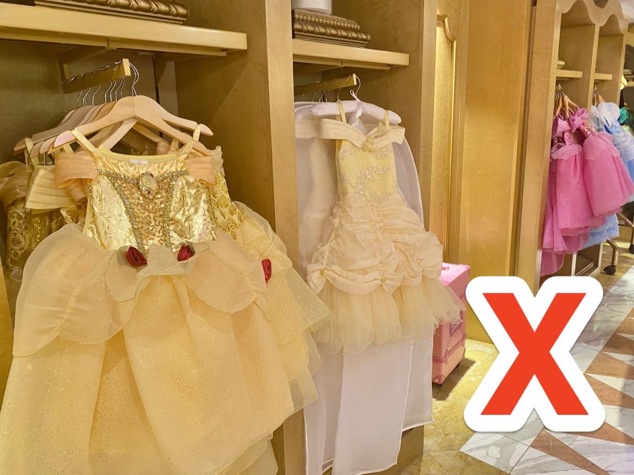 red x over photo of princess dresses for sale at disney world