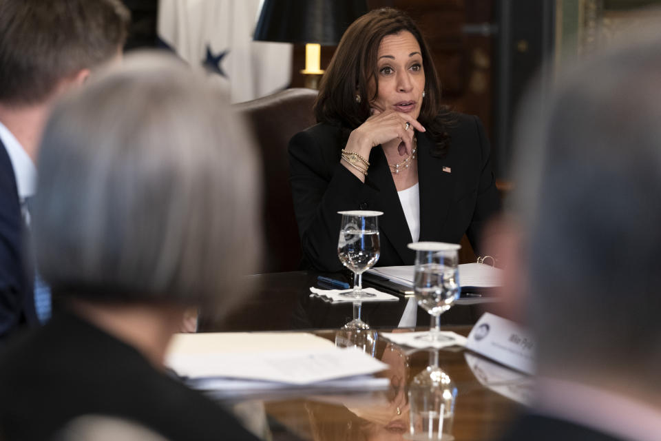 Vice President Kamala Harris attends a meeting with business CEO's about economic development in the Northern Triangle, Thursday, May 27, 2021, from her ceremonial office on the White House complex in Washington. (AP Photo/Jacquelyn Martin)