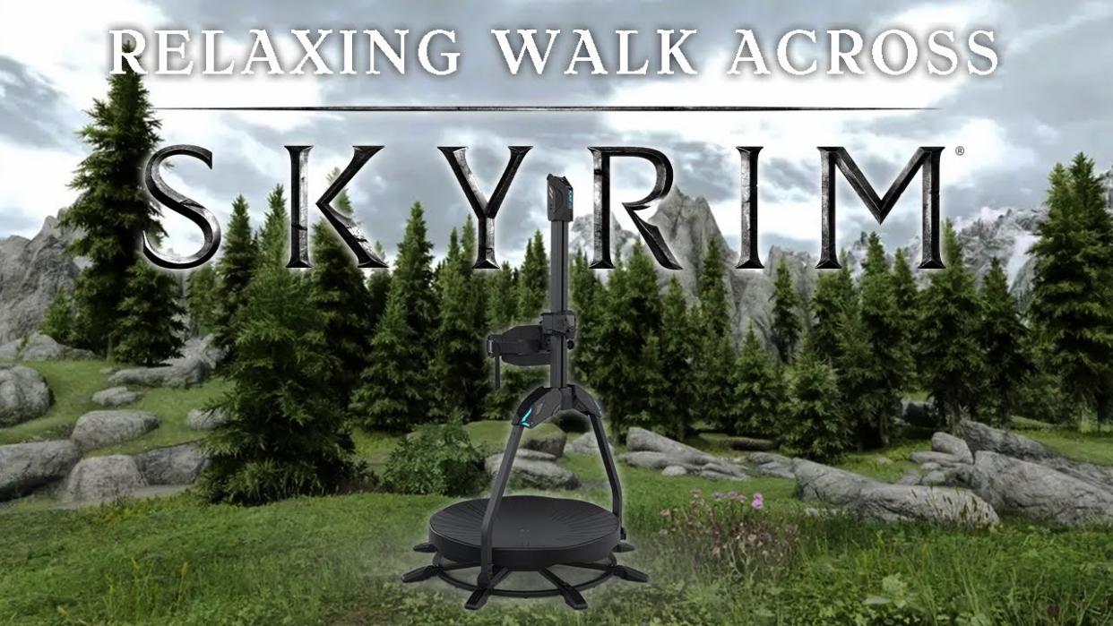  YouTuber Virtual Panda walking across Skyrim using a Meta Quest 2 and a KatVR treadmill 