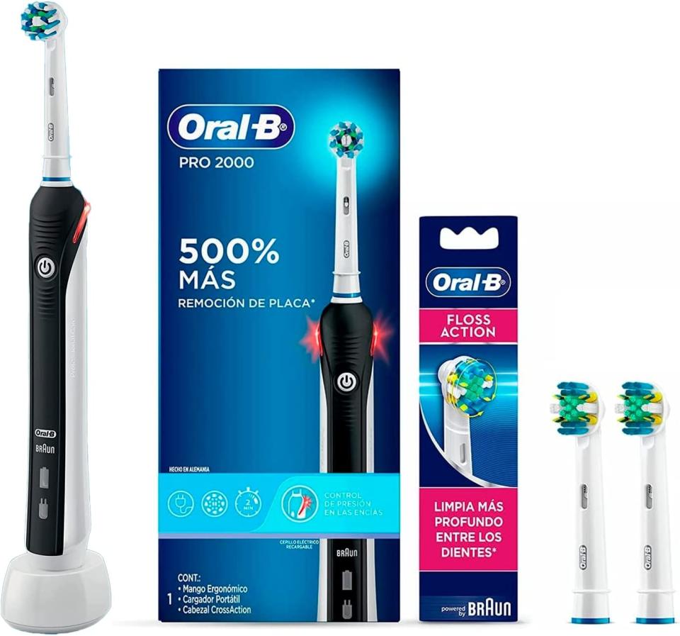 Oral B Set Cepillo De Dientes Eléctrico Recargable Pro 2000 + 2 Repuestos Floss Action, con Tecnología Braun, Cabezal Redondo y Mango Ergonómico/Amazon.com.mx