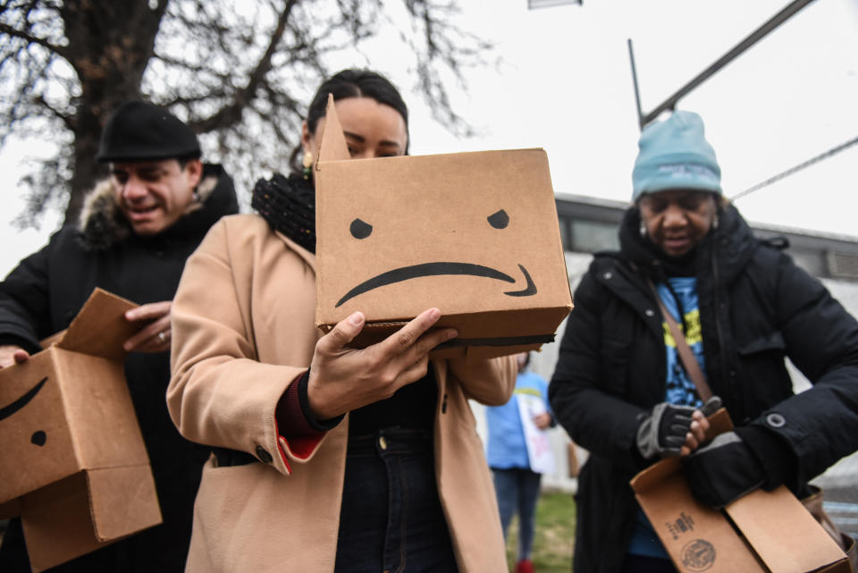 NEW YORK, NY - DECEMBER 16: Immigrant and labor activists participate in a rally outside of a Amazon distribution center on December 16, 2019 in the Queens borough of New York City. Activists voiced concerns about the safety in the Amazon warehouse work environment. A Reveal investigation from the Center for Investigative Reporting found the rate of serious injuries for 23 facilities studied was more than double the national average for the warehousing industry. (Photo by Stephanie Keith/Getty Images)