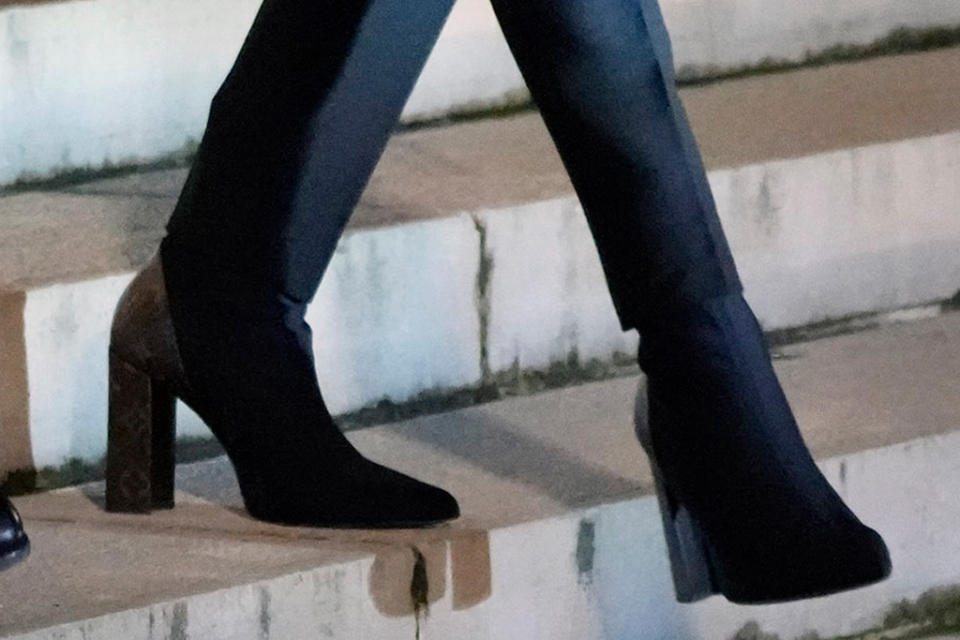 A closer view of Brigitte Macron’s booties. - Credit: AP