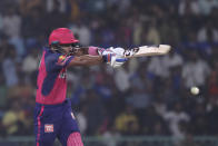 Rajasthan Royals' Dhruv Jurel plays a shot during the Indian Premier League cricket match between Rajasthan Royals and Lucknow Super Giants in Lucknow, India, Saturday, April 27, 2024. (AP Photo/Pankaj Nangia)