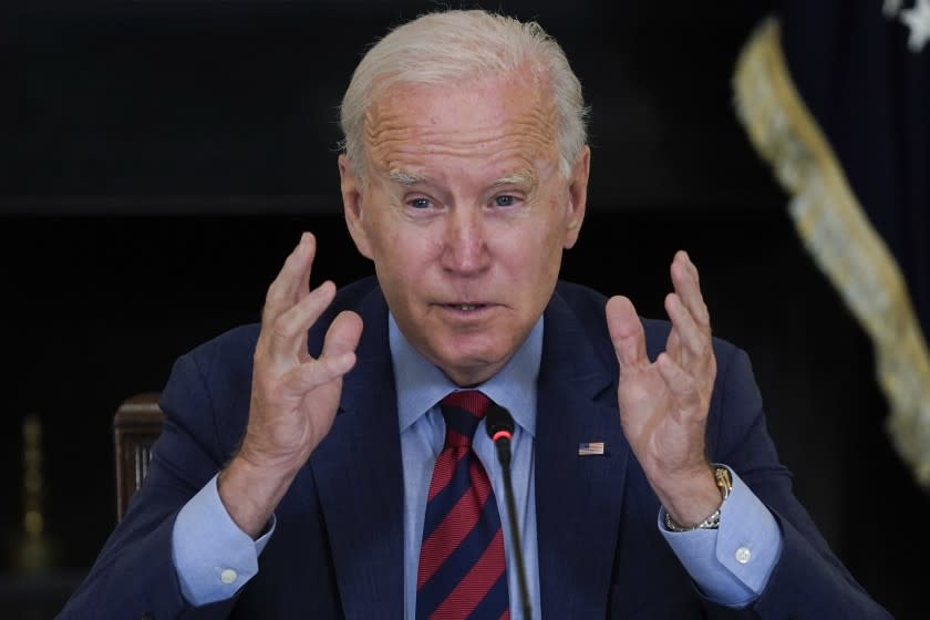 President Joe Biden speaks during a meeting with Latino leaders, in the State Dining Room of the White House, Tuesday, Aug. 3, 2021, in Washington. (AP Photo/Evan Vucci)