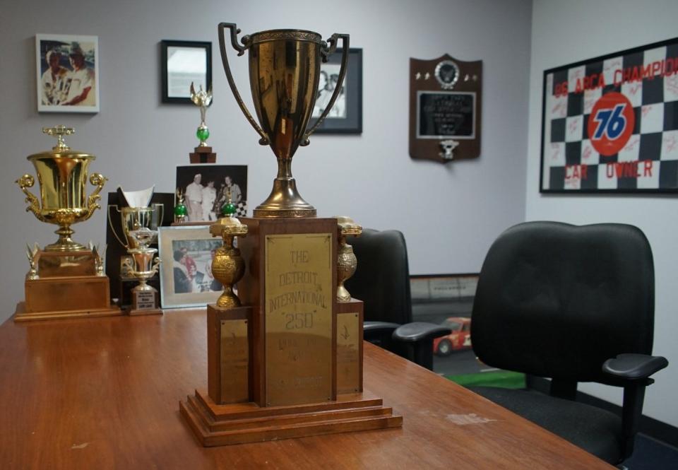 A trophy from a 1954 NASCAR race at Flat Rock Speedway recently was gifted to Ron Drager, owner of Flat Rock and Toledo Speedways.