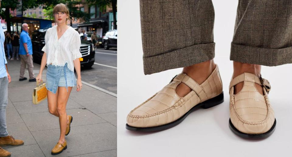 Taylor Swift-inspired Mary Jane loafers (Photos via Getty Images and Urban Outfitters)