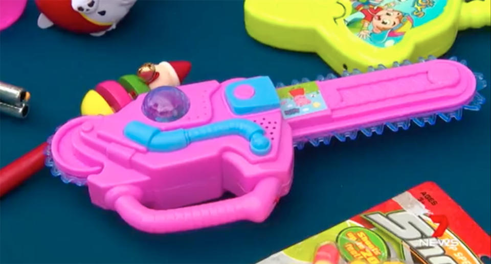 The list includes a knockoff Peppa Pig chainsaw with a loose battery compartment. Source: 7 News