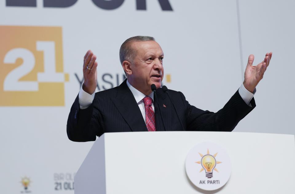 Turkish President Recep Tayyip Erdogan speaks during an event the ATO Congresium in Ankara, Turkey on August 15, 2022.