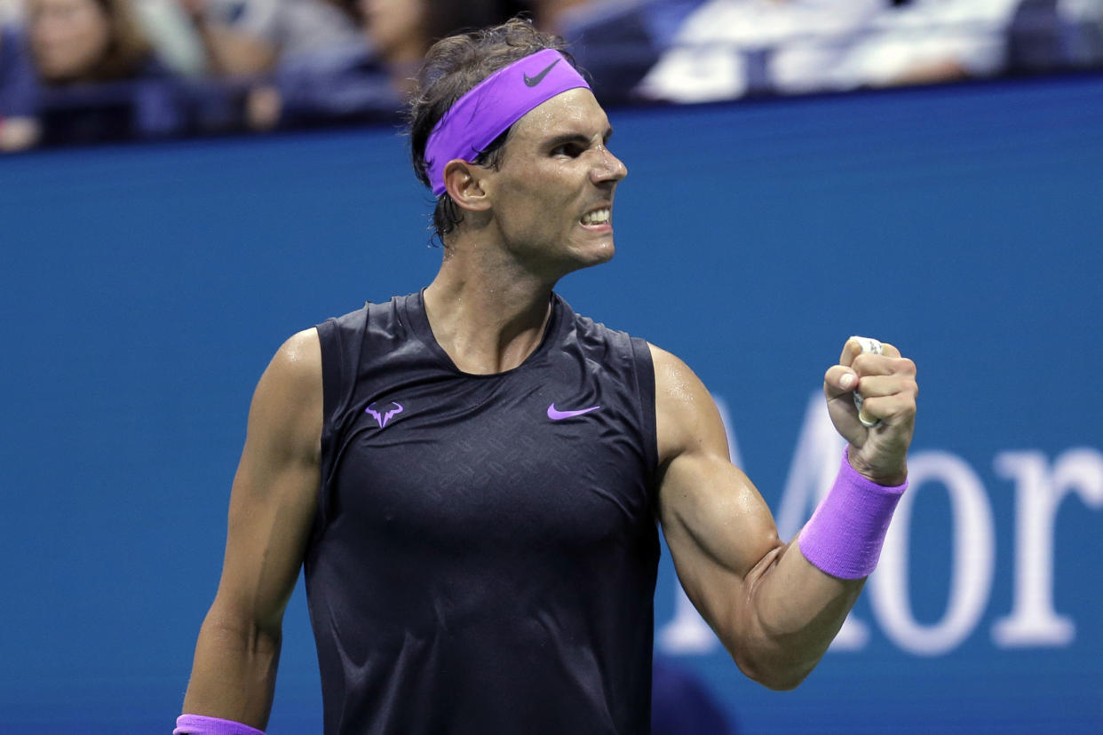 Rafael Nadal reacts after winning the first set against Diego Schwartzman during the quarterfinals of the US Open on Wednesday.