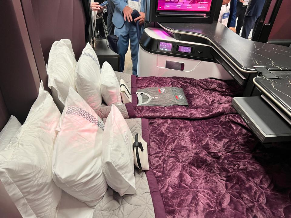 A double bed set up on the QSuite Next Gen seen at Farnborough Airshow 2024