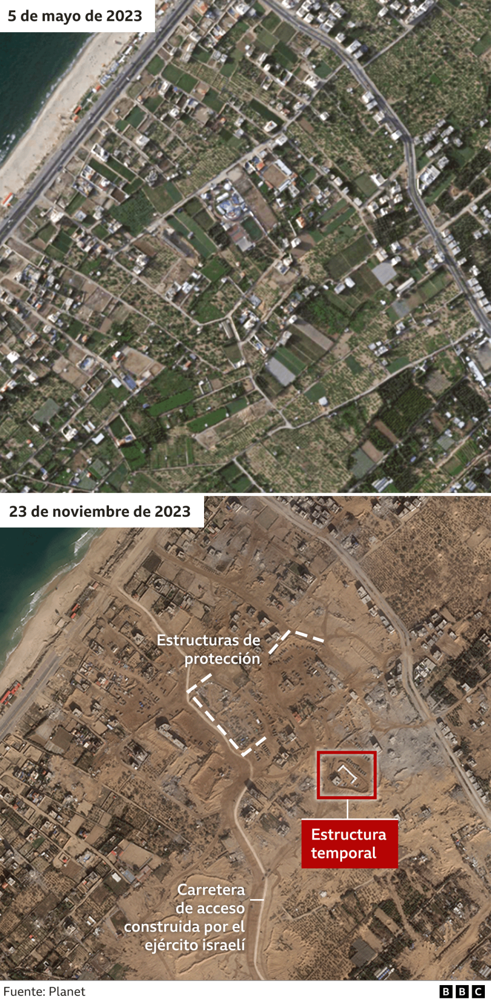 Imagen del antes y después de los daños a la tierra al sur de la ciudad de Gaza