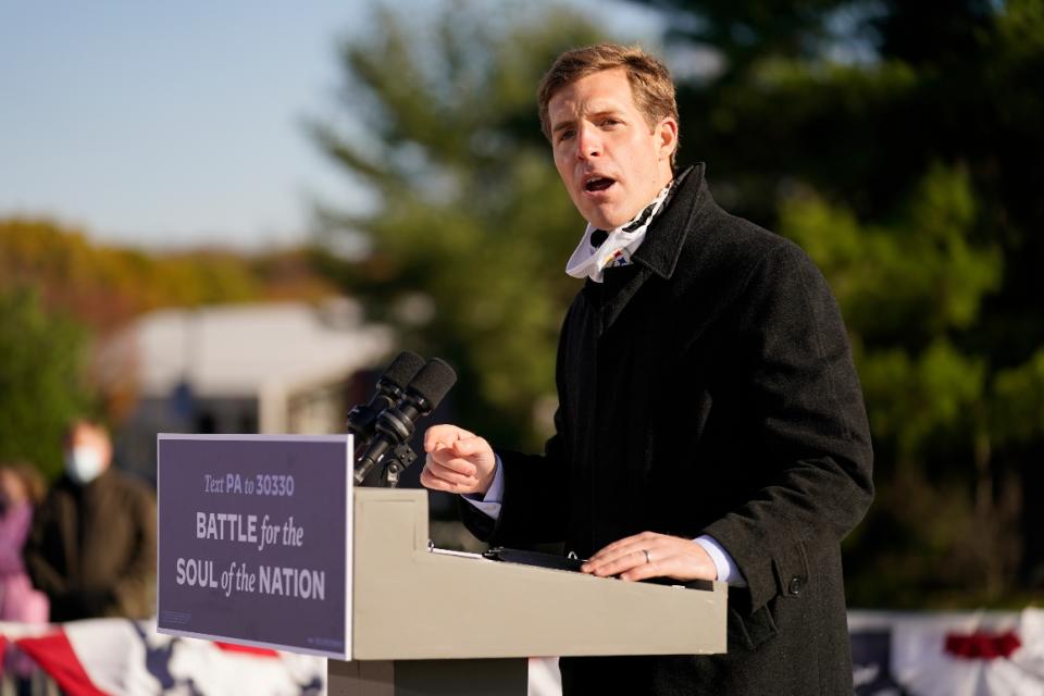 Rep. Conor Lamb (D-Pa.) speaks during a rally in Monaca, Pa.