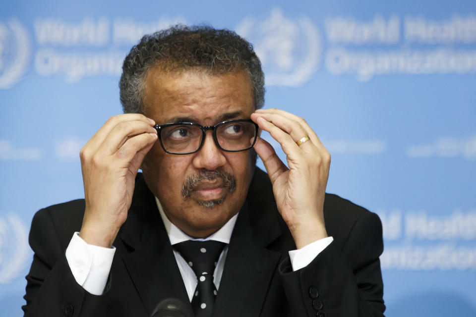 Tedros Adhanom Ghebreyesus, Director General of the World Health Organization (WHO), addresses the media during a press conference at the World Health Organization (WHO) headquarters in Geneva, Switzerland, Monday, Feb. 10, 2020 on the situation regarding to the new coronavirus. (Salvatore Di Nolfi/Keystone via AP)