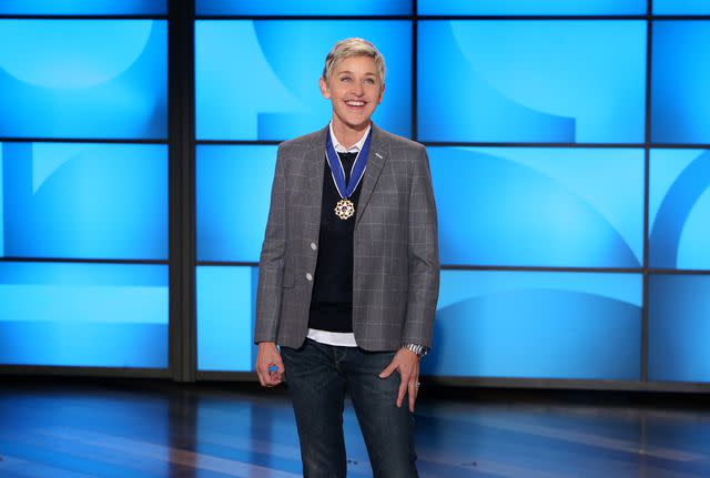 <p>Michael Rozman/Warner Bros.</p> Ellen DeGeneres on set of 'The Ellen DeGeneres Show' in Burbank, California