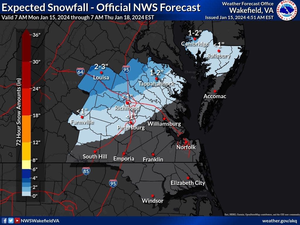 The National Weather Service office in Wakefield issued this snowfall-projection map Monday, Jan. 15, 2024.