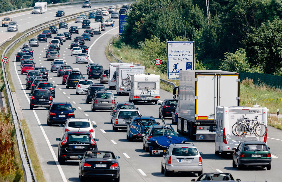 <p>Drivers are stuck in a traffic jam on highway A 1 near to Bad Oldesloe in Germany on July 24, 2016. A new report shows that greenhouse gas emissions in the European Union rose in 2015, the first increase since 2010. The European Environment Agency says emissions grew by 0.5 percent compared with 2014, mainly due to increase from transportation and a colder winter. The report released Thursday, June 1, 2017 comes as the EU is trying to emphasize its commitment to combating climate change. (Markus Scholz/dpa via AP) </p>