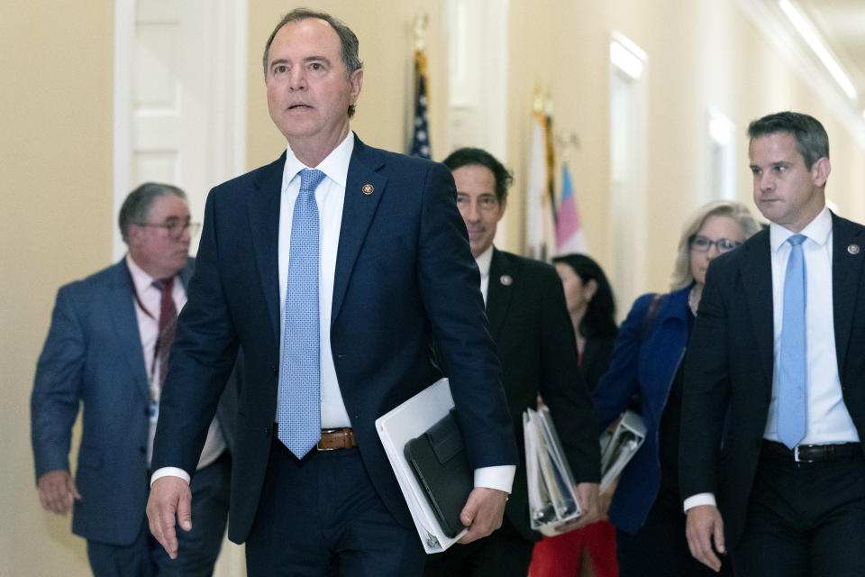 FILE - In this July 27, 2021, file photo, Rep. Adam Schiff, D-Calif., left, Rep. Jamie Raskin, D-Md., Rep. Liz Cheney, R-Wyo., and Rep. Adam Kinzinger, R-Ill., arrive for the first hearing of the House select committee to investigate the Jan. 6 attack on the U.S. Capitol on Capitol Hill in Washington. Schiff, who rose to national prominence leading the first President Donald Trump impeachment and probing Russian election interference, sees nothing less that democracy at stake with the former president's his continued presence on the national political stage. (AP Photo/Jacquelyn Martin)