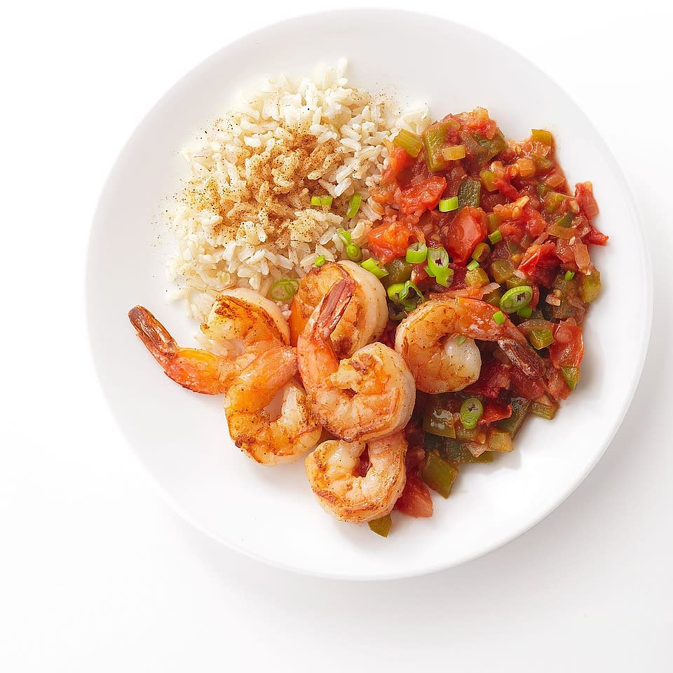 <p>Served over brown rice, this one-bowl Shrimp Jambalaya recipe gets its heat from Cajun seasoning and hot pepper sauce. <a href="https://www.eatingwell.com/recipe/265738/shrimp-jambalaya/" rel="nofollow noopener" target="_blank" data-ylk="slk:View Recipe;elm:context_link;itc:0;sec:content-canvas" class="link ">View Recipe</a></p>