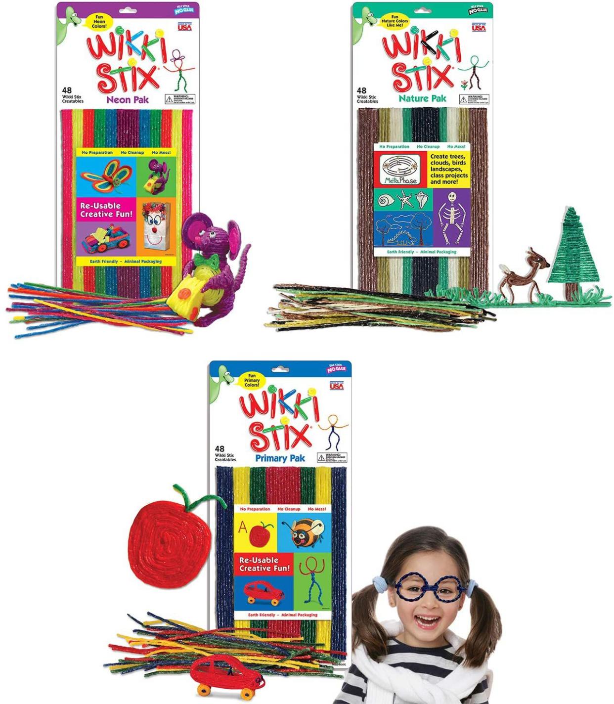 Wikki Stix Triple Play Pack with an apple, car and eye glasses made of the stix on a small girl.