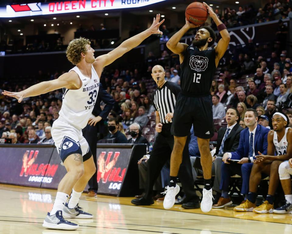 Jaylen Minnett, of Missouri State, shoots a three pointer during the Bears game against BYU at JQH Arena on Saturday, Dec. 4, 2021.