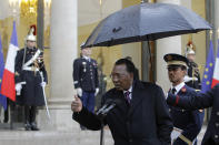 FILE - In this Wednesday, Dec. 5, 2012 file photo, Chadian President Idriss Deby Itno answers questions from media after his meeting with French President Francois Hollande at the Elysee Palace, in Paris, France. Deby, who ruled the central African nation for more than three decades, was killed on the battlefield Tuesday, April 20, 2021 in a fight against rebels, the military announced on national television and radio. (AP Photo/Laurent Cipriani, File)
