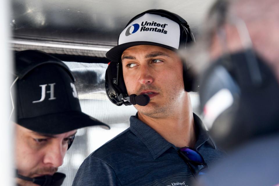 Rahal Letterman Lanigan Racing driver Graham Rahal (15) stands in a teammates pit box Monday, May 22, 2023, during practice ahead of the 107th running of the Indianapolis 500 at Indianapolis Motor Speedway. 