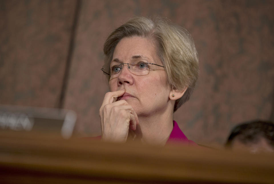 Senate Banking Committee member Sen. Elizabeth Warren, D-Mass. listens on Capitol Hill, in Washington, Tuesday, May 21, 2013, as Treasury Secretary Jacob Lew testifies before the committee. (AP Photo/Evan Vucci)