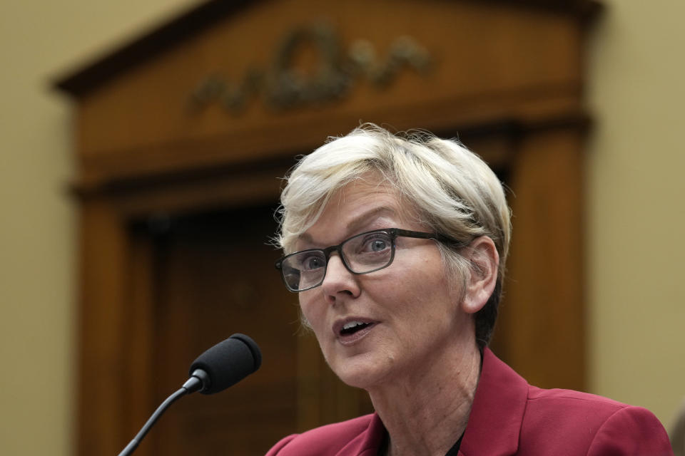 FILE - Energy Secretary Jennifer Granholm testifies before the House Committee on Energy and Commerce Subcommittee on Energy, Climate, and Grid Security for a hearing on Capitol Hill in Washington, May 1, 2024, on the 2025 Energy Department budget. The Biden administration says it's releasing 1 million barrels of gasoline from a Northeast reserve established after Superstorm Sandy in a bid to lower prices at the pump this summer. (AP Photo/Susan Walsh, File)