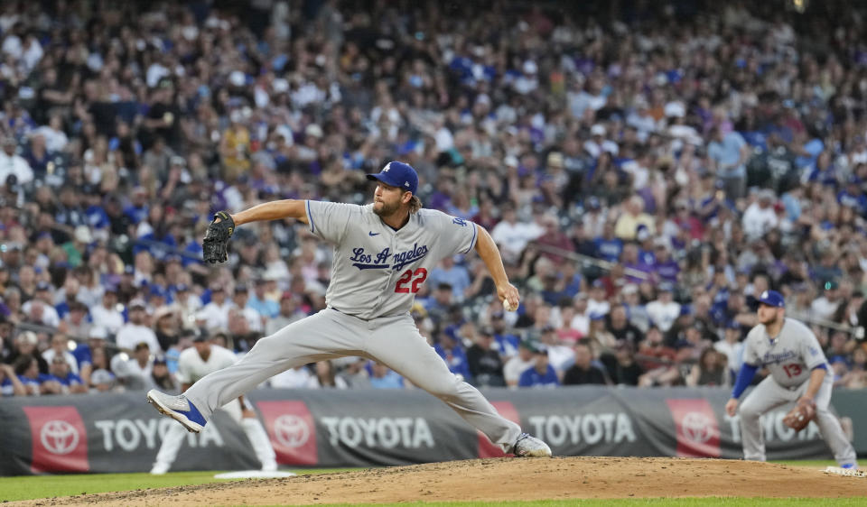 Los Angeles Dodgers starting pitcher Clayton Kershaw works in the sixth inning of a baseball game against the Colorado Rockies Tuesday, June 27, 2023, in Denver. (AP Photo/David Zalubowski)