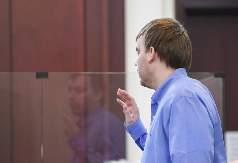 Travis Reinking on Thursday, Feb. 3, 2022 formally raised his right to testify in the trial against him. He was sworn in around 2 p.m. while the jury was out of the courtroom, confirmed he had been informed of his rights and intended to waive them in court on day four of the mass murder trial at Justice A.A. Birch Building. (Stephanie Amador/The Tennessean via AP, Pool)