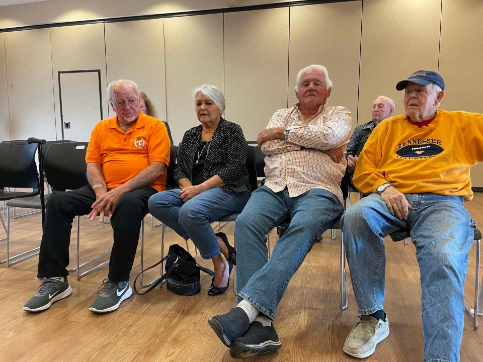 Karns High School graduates David Roberts, wife Jeannette Roberts, Don Gordon, and Dodd Gordon all discuss their high school days at an open forum discussing the lost history of Karns High School at Karns Senior Center Nov. 20, 2023.