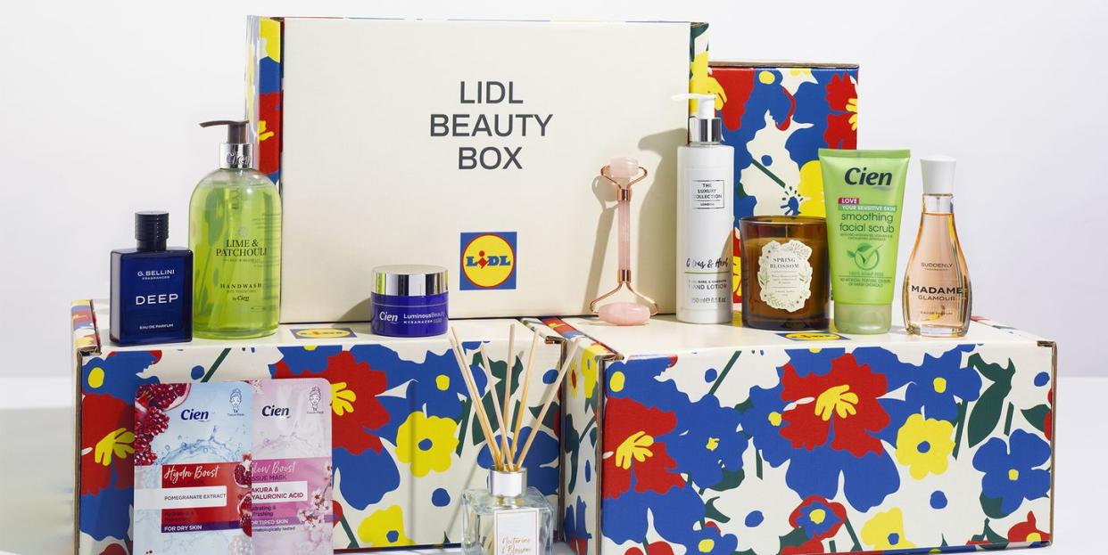 lidl's beauty boxes stacked with beauty products arranged around it