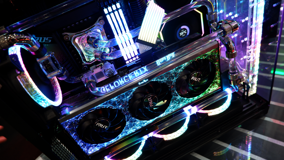 Three Palit RTX 4090 graphics cards on display at Computex 2024.